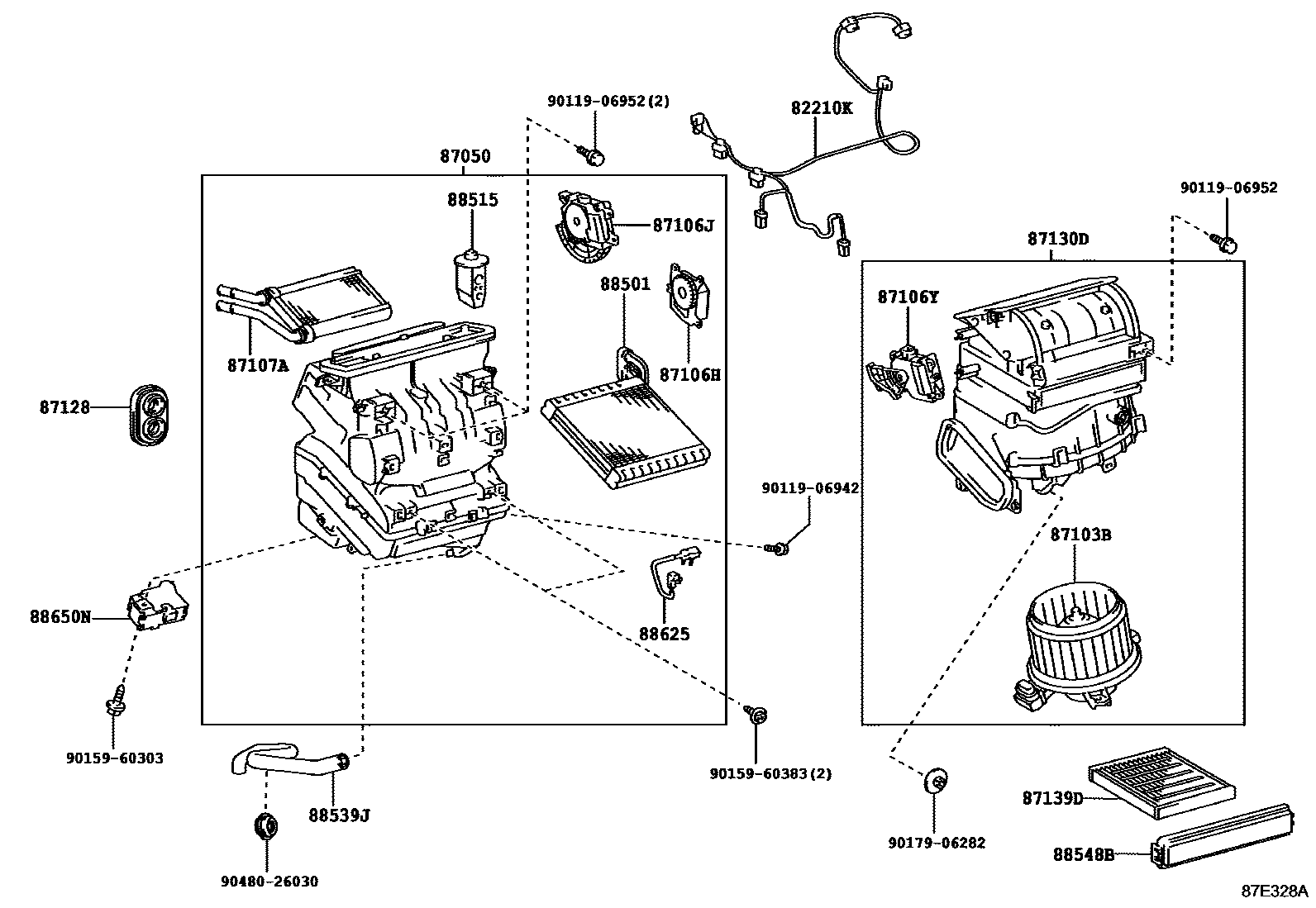 Toyota COROLLA 暖风和空调系统 - 冷却器组件 EPC diagram — 87E328A