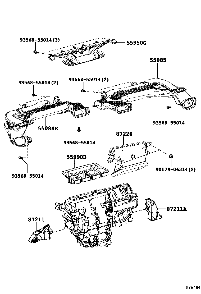 Toyota COROLLA 暖风和空调系统 - 控制器和风管 EPC diagram — 87E194