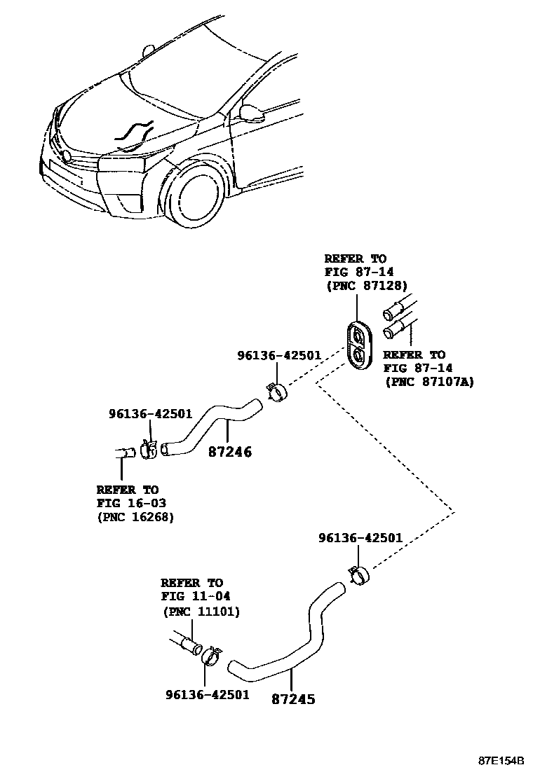 Toyota COROLLA 暖风和空调系统 - 水管 EPC diagram — 87E154B