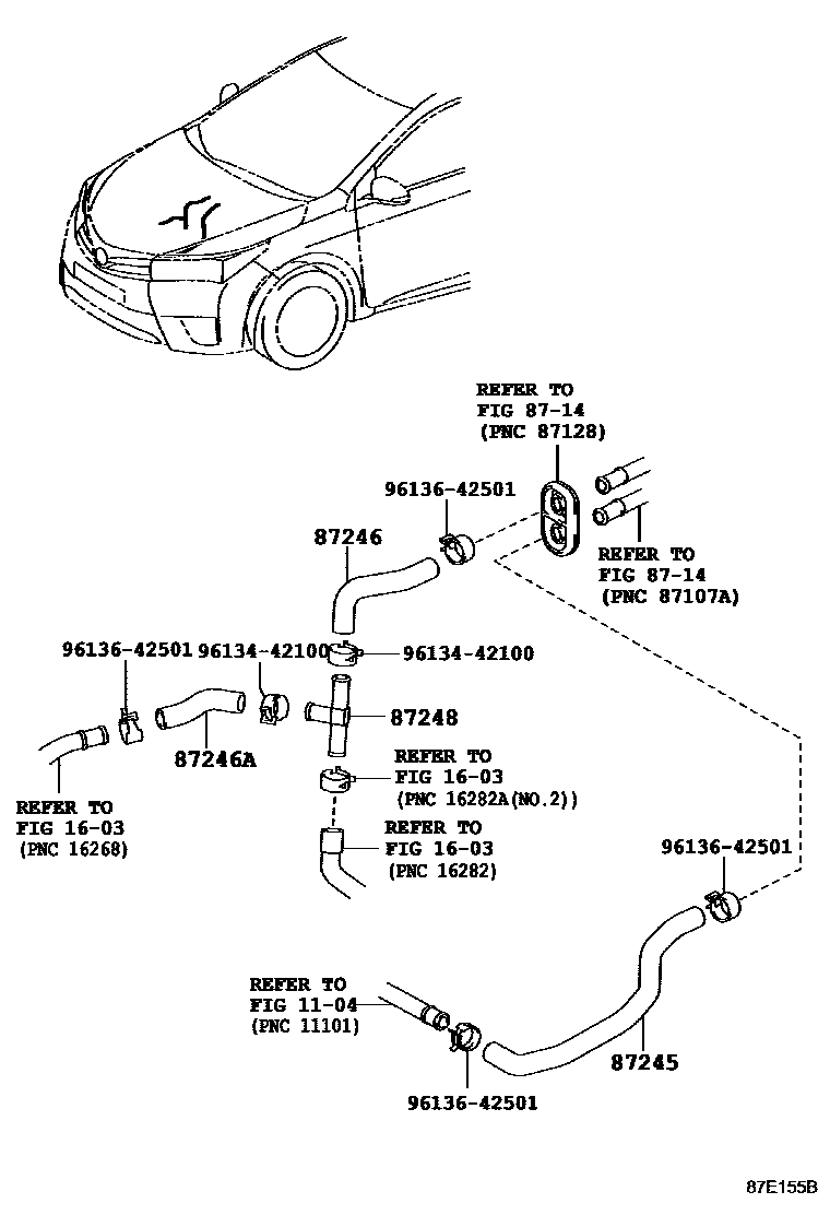 Toyota COROLLA 暖风和空调系统 - 水管 EPC diagram — 87E155B