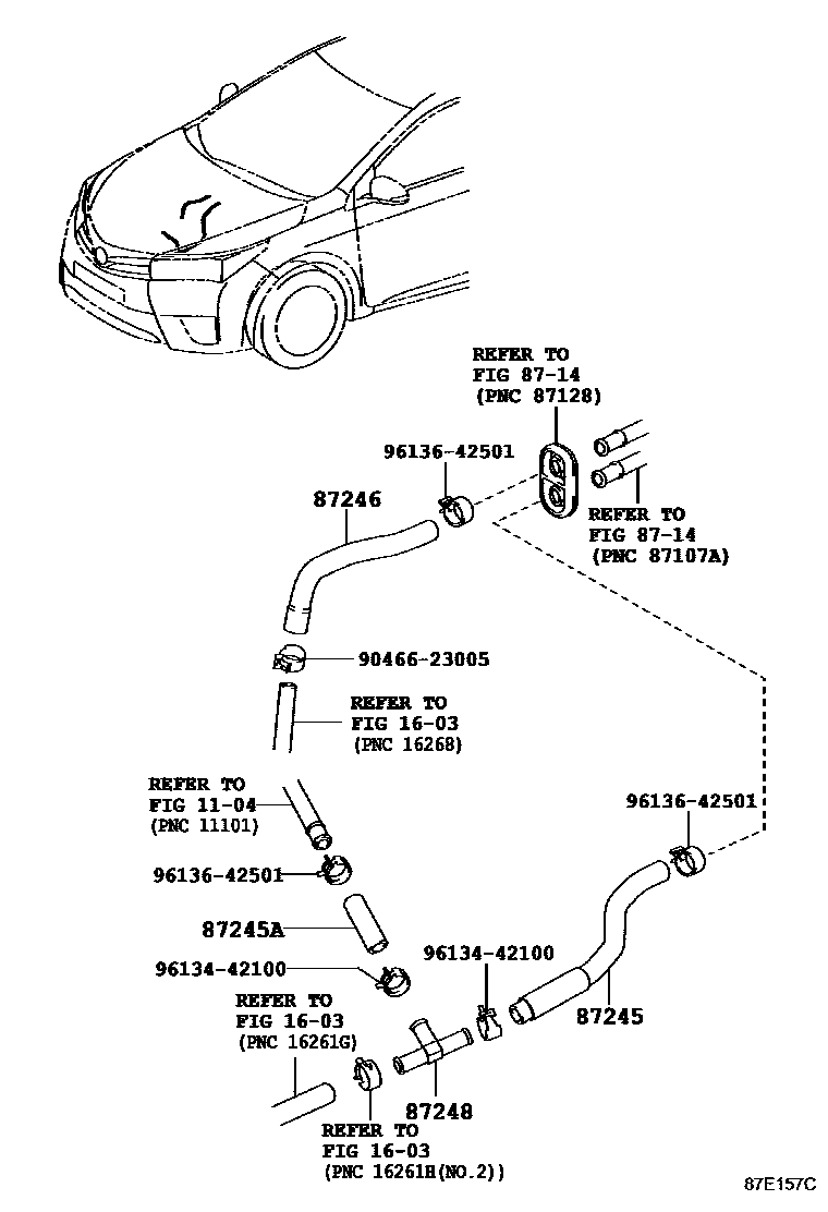 Toyota COROLLA 暖风和空调系统 - 水管 EPC diagram — 87E157C