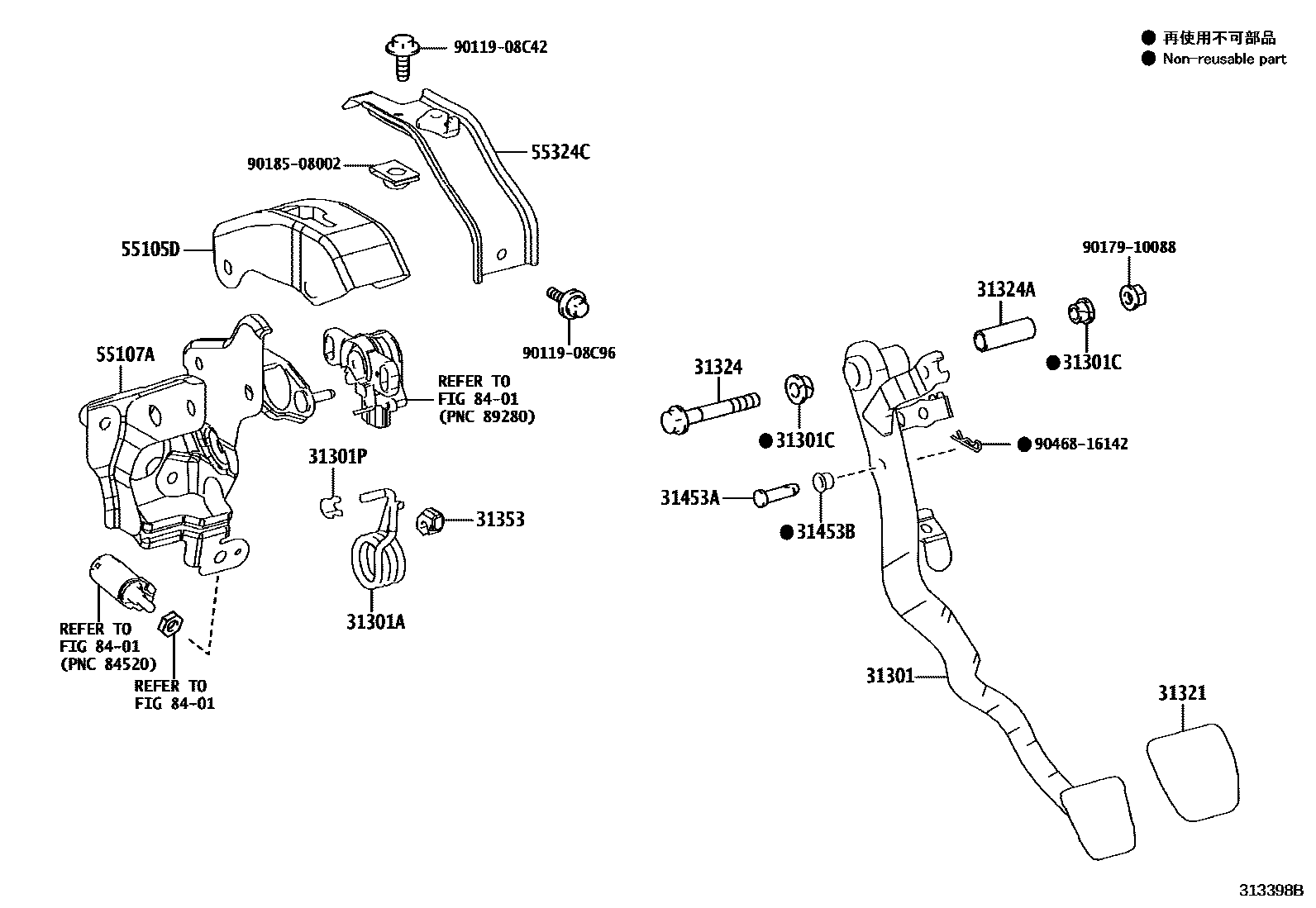 Toyota COROLLA 离合器踏板和挠性软管 EPC diagram — 313398B