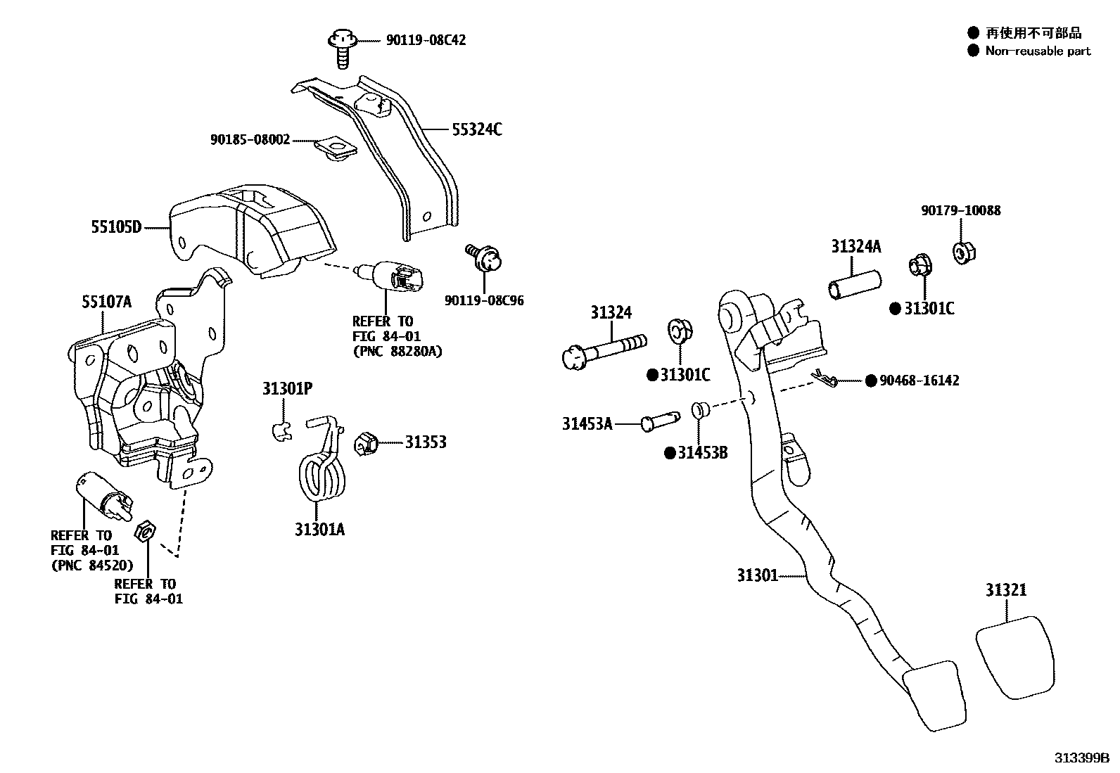 Toyota COROLLA 离合器踏板和挠性软管 EPC diagram — 313399B