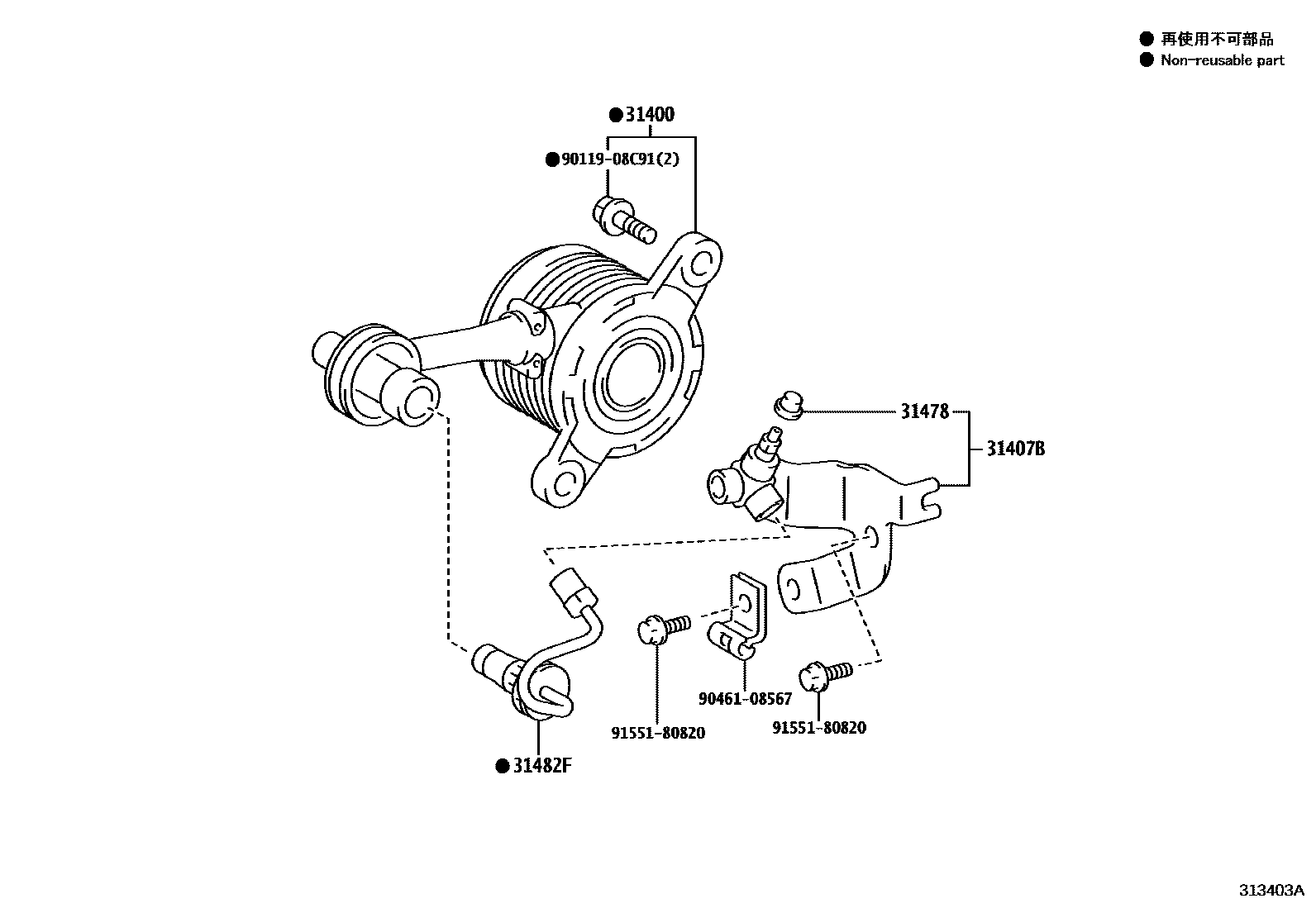 Toyota COROLLA 离合器分离缸 EPC diagram — 313403A