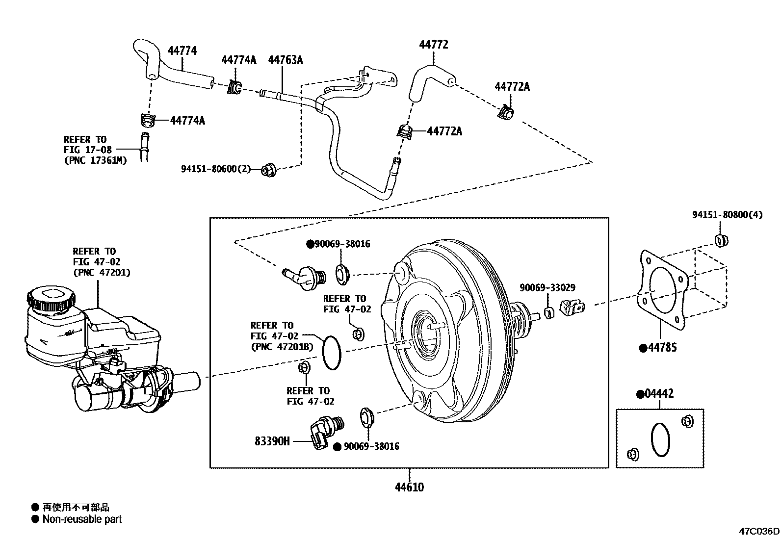Toyota COROLLA 制动助力器和真空管 EPC diagram — 47C036D