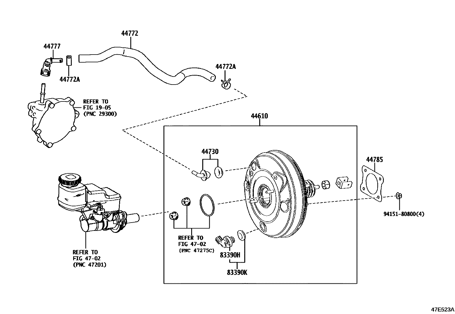 Toyota COROLLA 制动助力器和真空管 EPC diagram — 47E523A