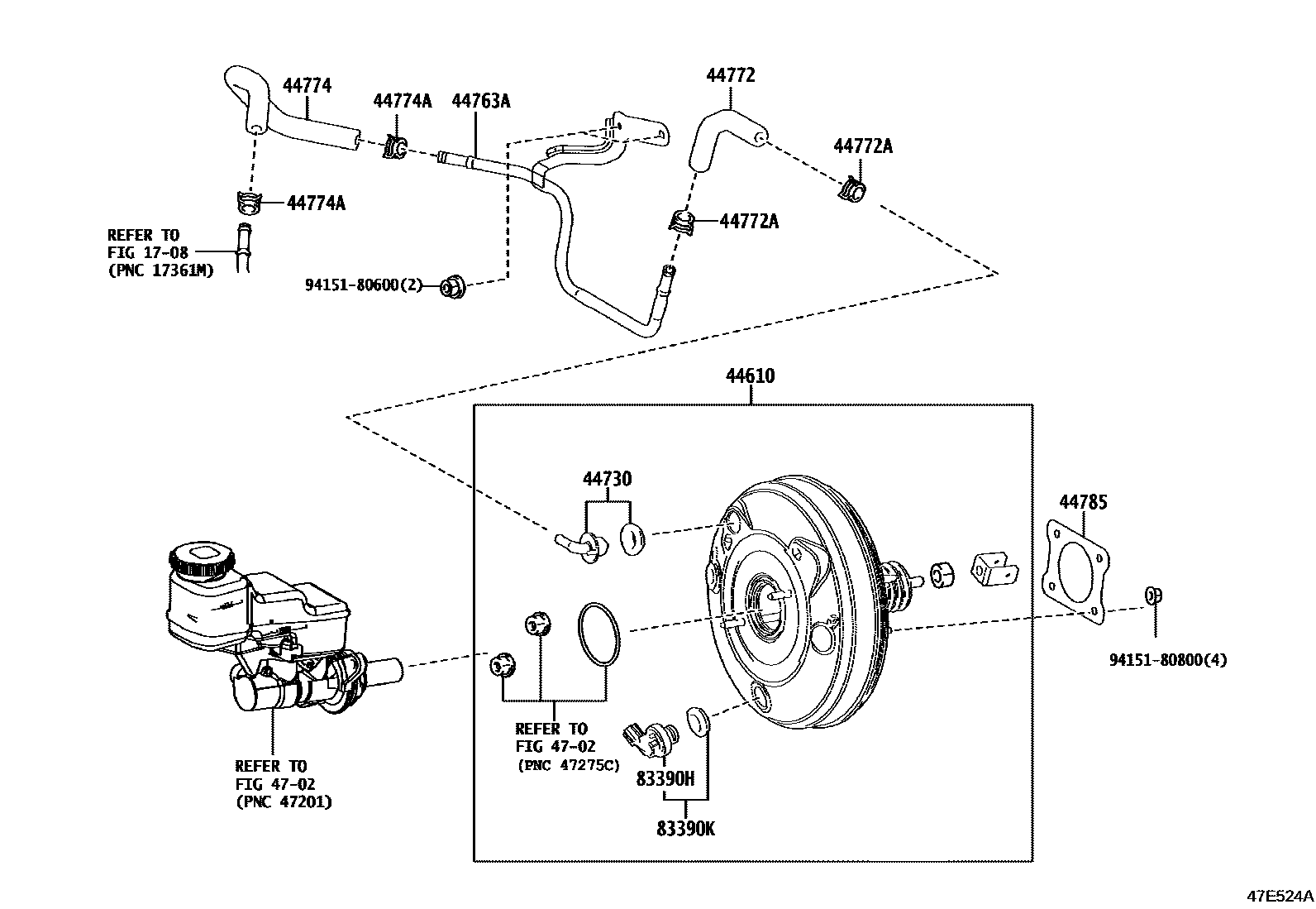 Toyota COROLLA 制动助力器和真空管 EPC diagram — 47E524A