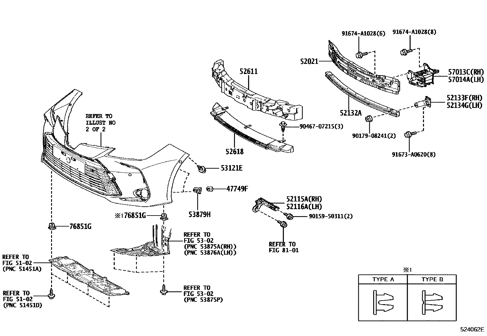Toyota COROLLA 前保险杠及附件 EPC diagram — 524062E
