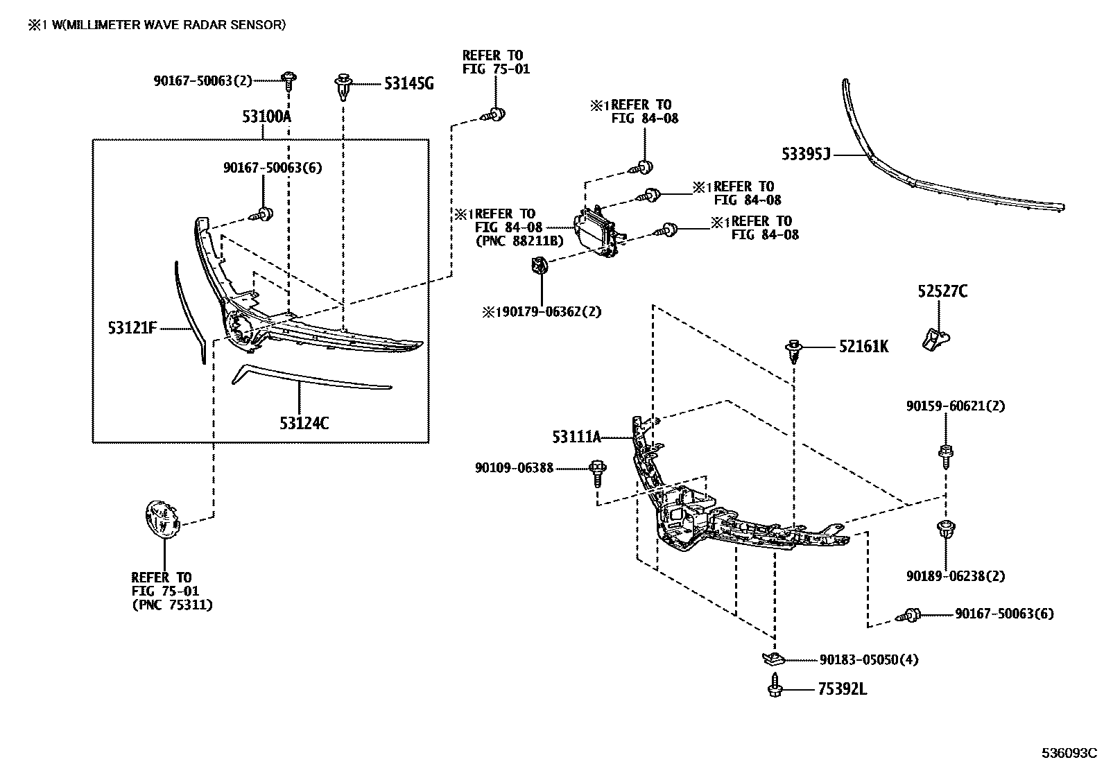 Toyota COROLLA radiator grille EPC diagram — 536093C