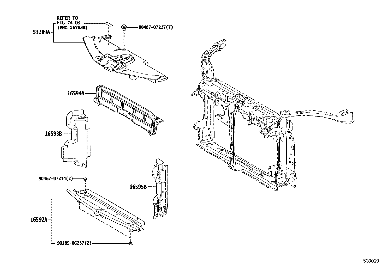Toyota COROLLA 前翼子板挡泥板和前围板 EPC diagram — 539019