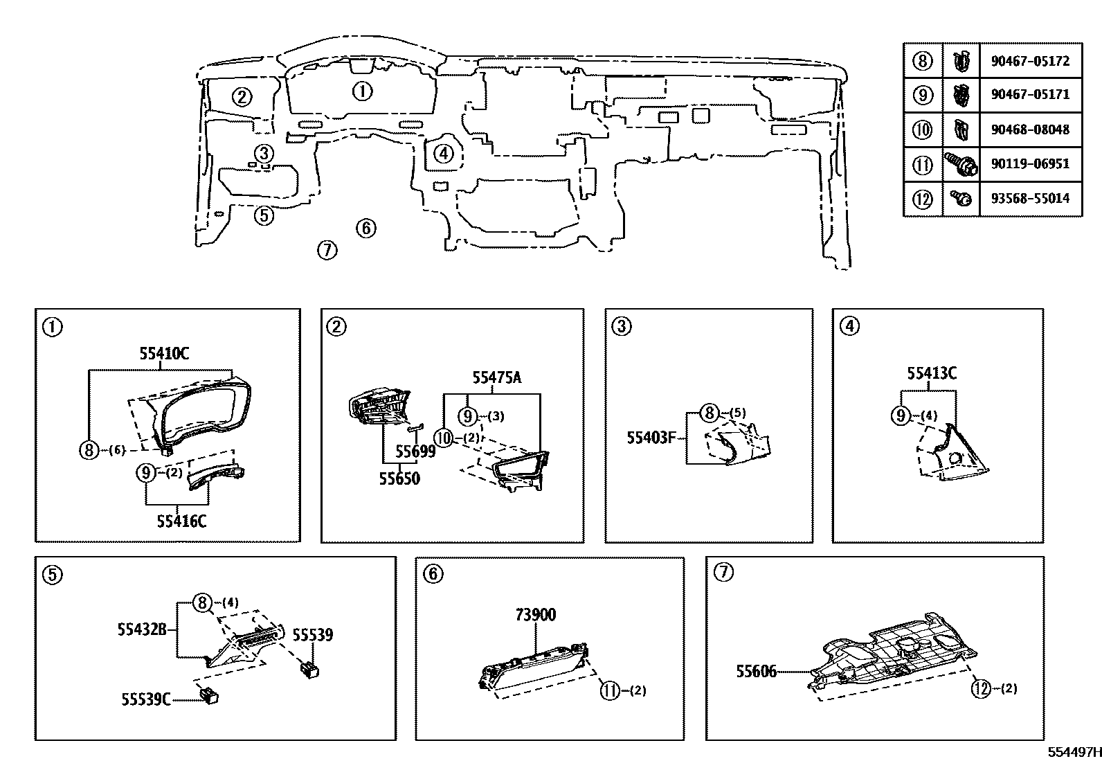 Toyota COROLLA 仪表板和手套箱 EPC diagram — 554497H