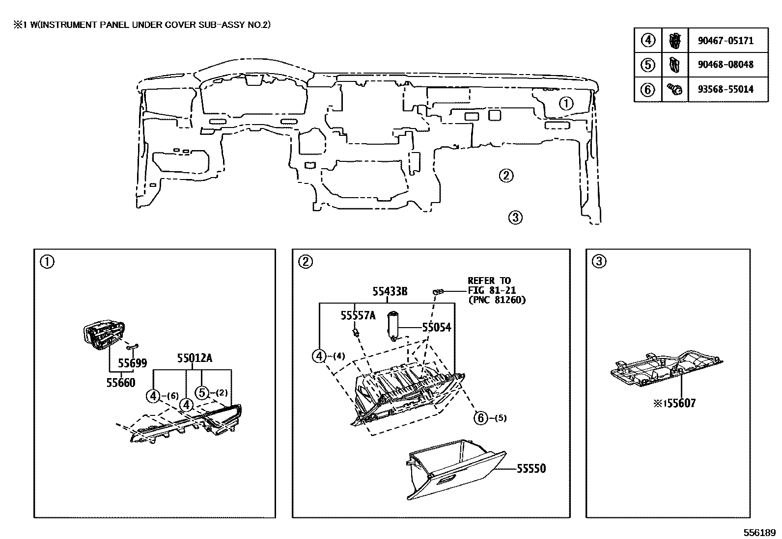 Toyota COROLLA 仪表板和手套箱 EPC diagram — 556189