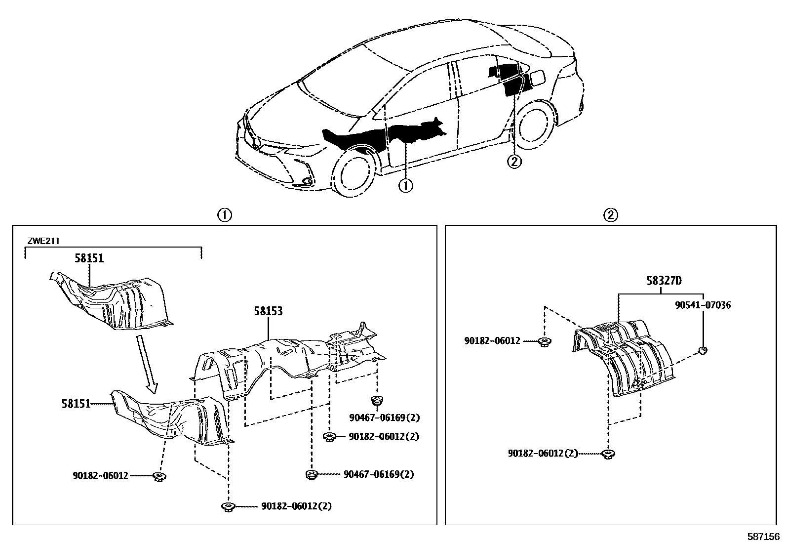 Toyota COROLLA 地板隔热垫 EPC diagram — 587156