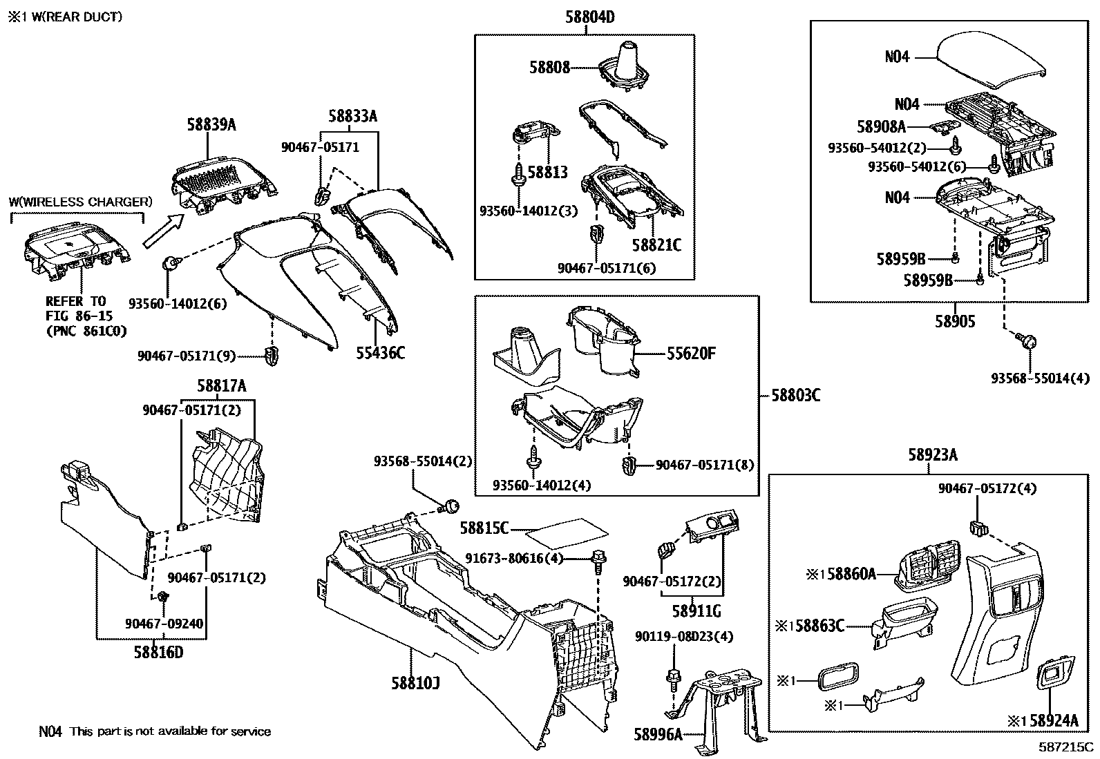 Toyota COROLLA 中央扶手箱和支架 EPC diagram — 587215C