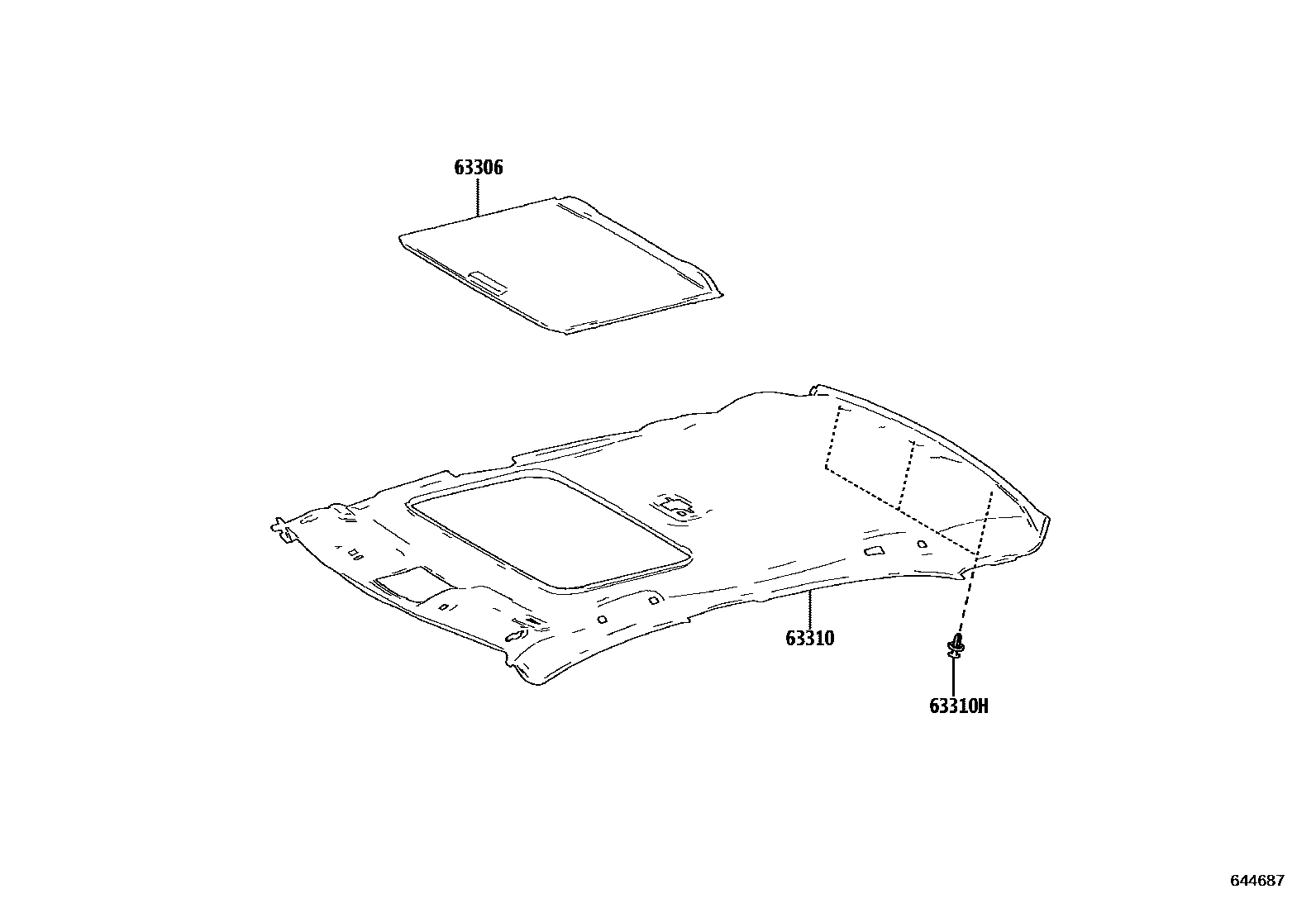 Toyota COROLLA 车顶内衬和消声垫 EPC diagram — 644687