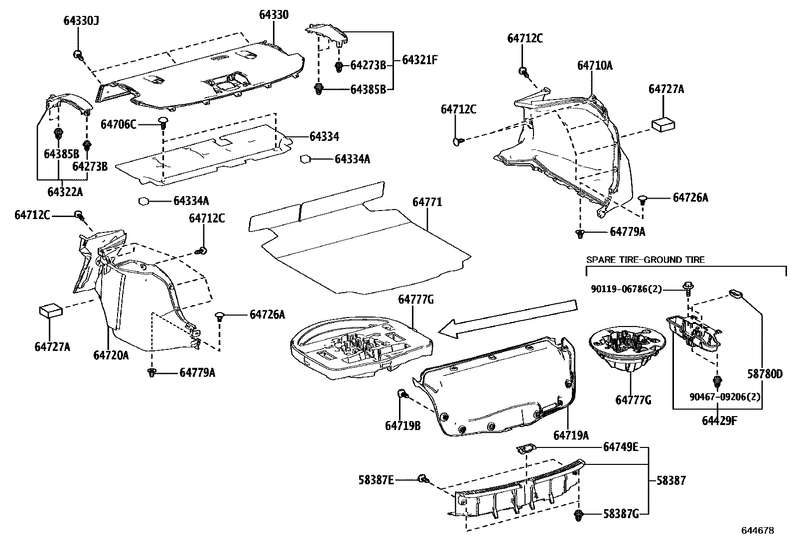 Toyota COROLLA 杂物箱板和行李箱垫 EPC diagram — 644678