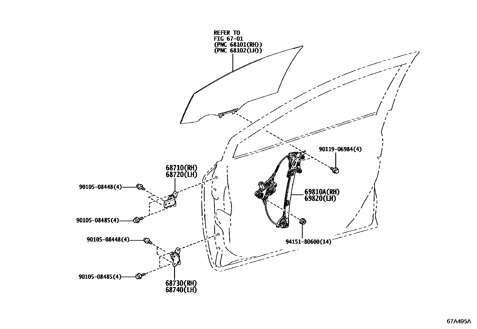 Toyota COROLLA 前门车窗升降器和合页 EPC diagram — 67A495A