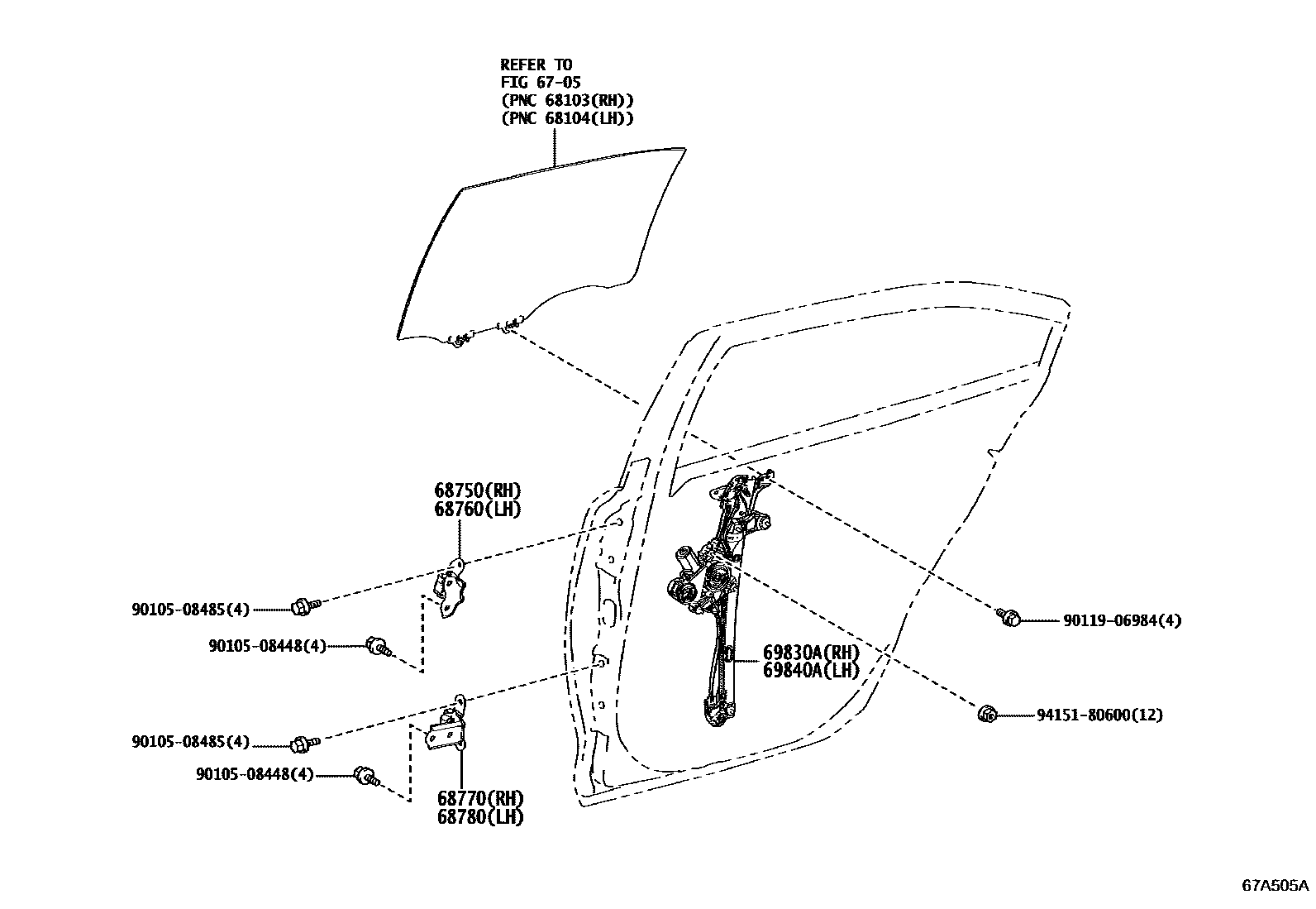 Toyota COROLLA 后门车窗升降器和合页 EPC diagram — 67A505A