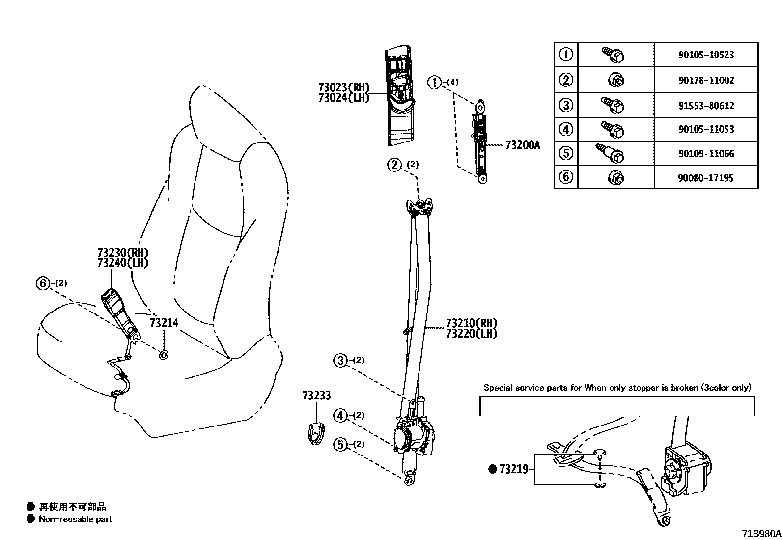 Toyota COROLLA 安全带和儿童保护座椅 EPC diagram — 71B980A