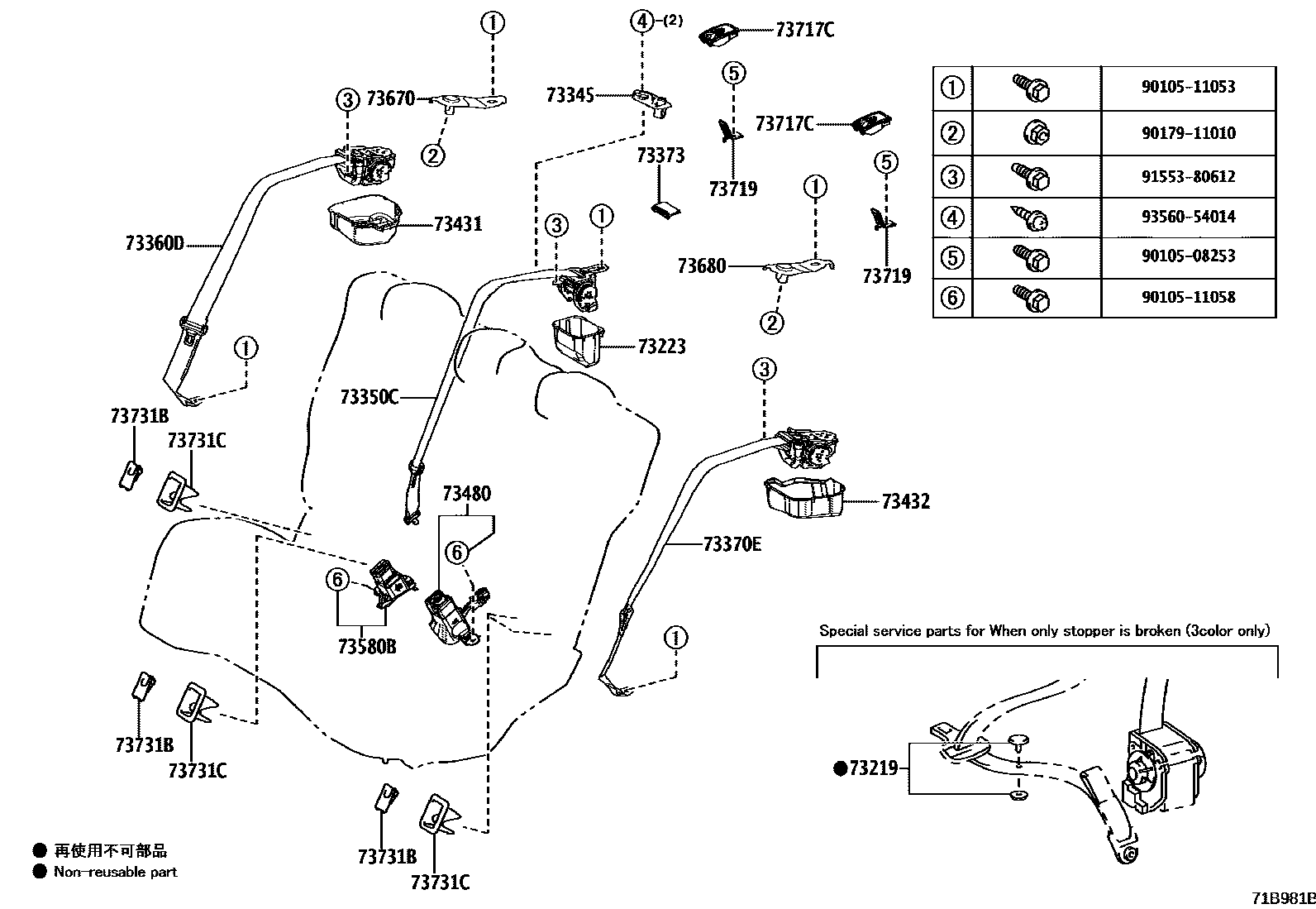 Toyota COROLLA 安全带和儿童保护座椅 EPC diagram — 71B981B