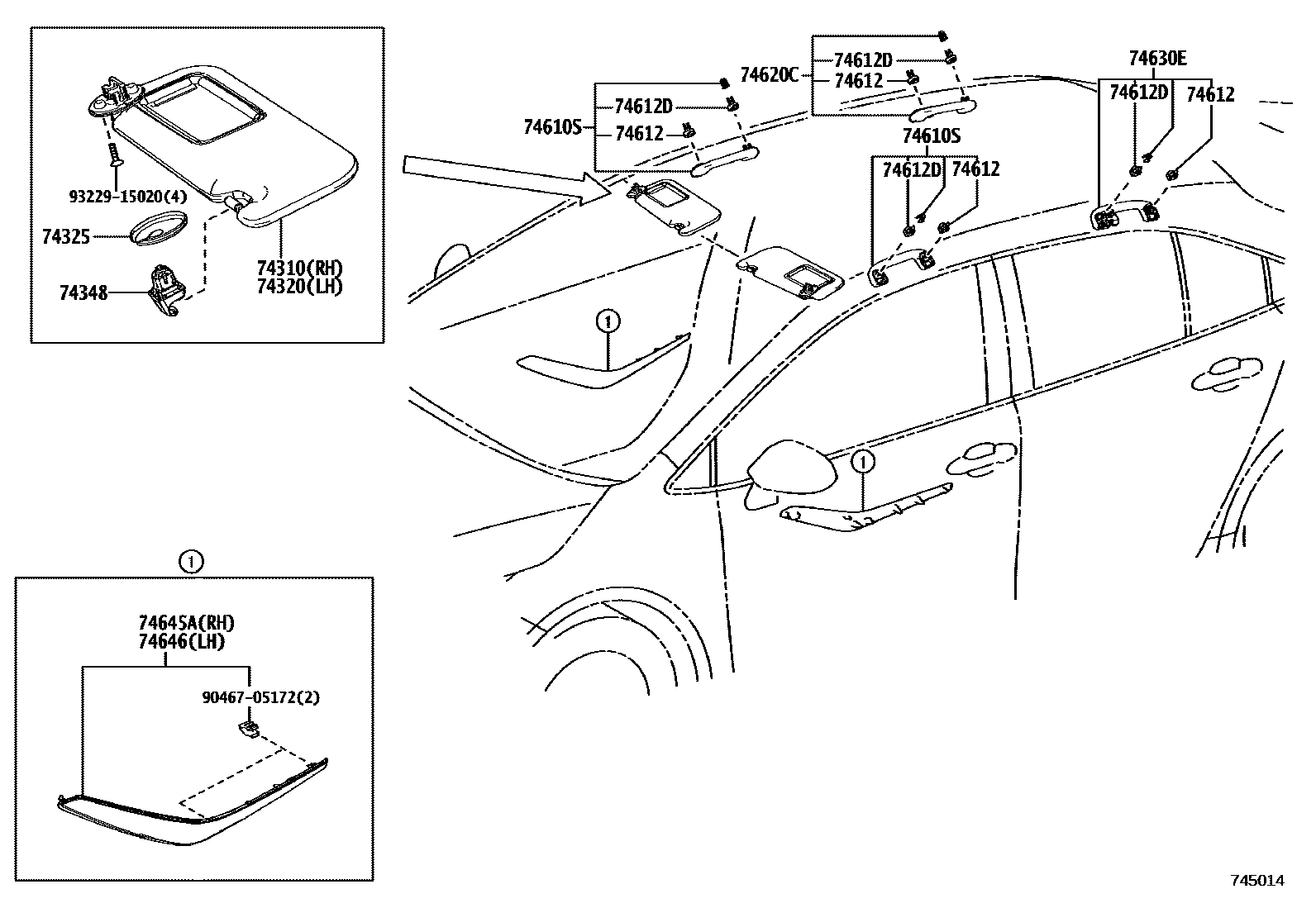 Toyota COROLLA 扶手和遮阳板 EPC diagram — 745014