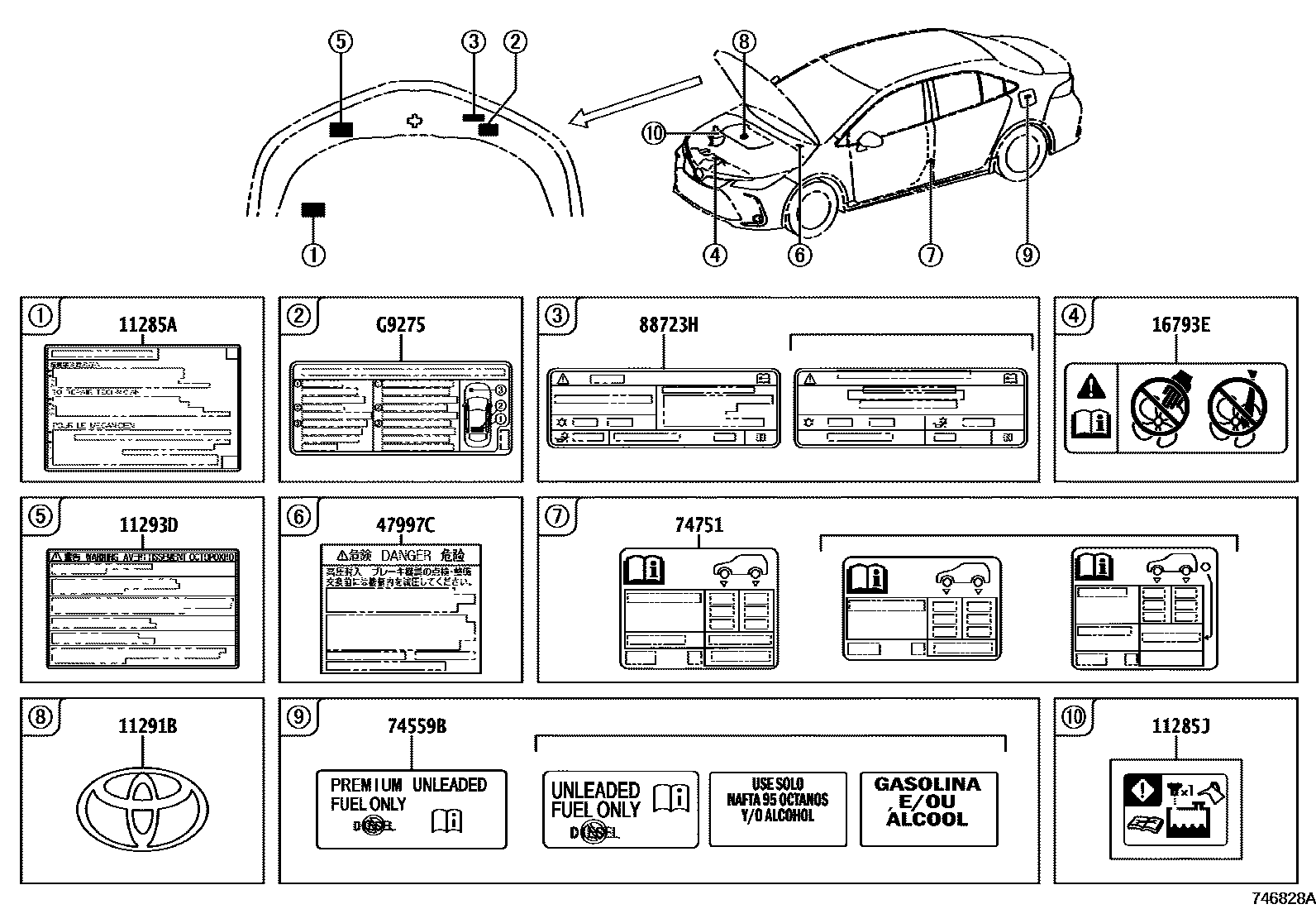 Toyota COROLLA 警示铭牌(车外和车内) EPC diagram — 746828A