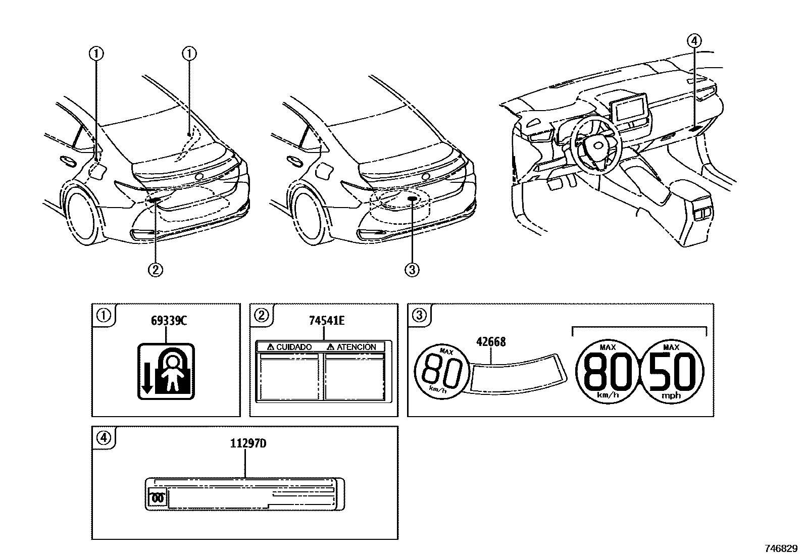Toyota COROLLA 警示铭牌(车外和车内) EPC diagram — 746829