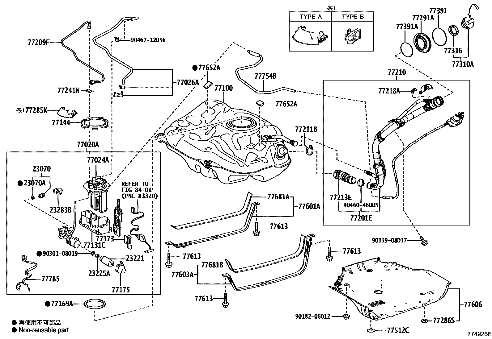 Toyota COROLLA 燃油箱和燃油管 EPC diagram — 774926E