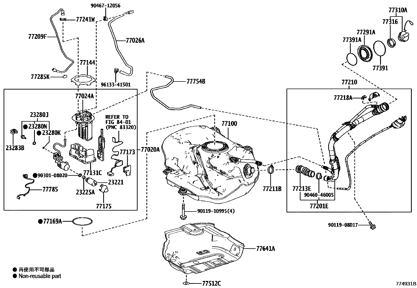 Toyota COROLLA 燃油箱和燃油管 EPC diagram — 774931B