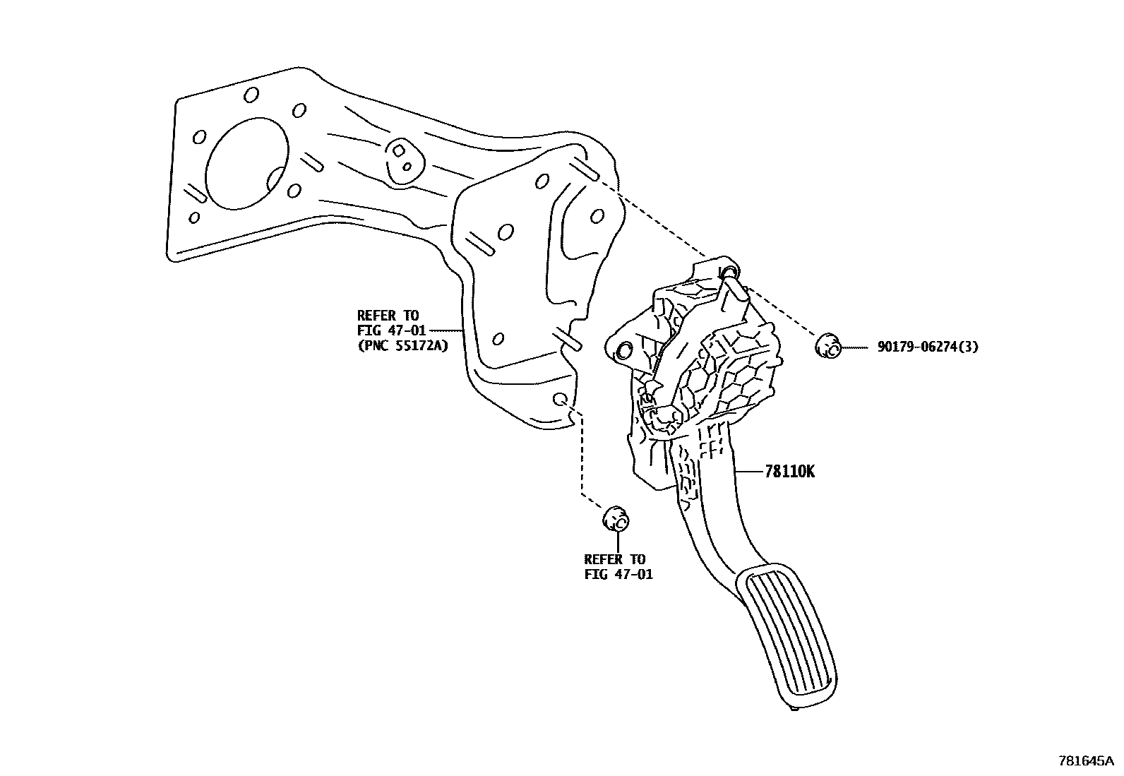 Toyota COROLLA accelerator pedal connecting rod EPC diagram — 781645A
