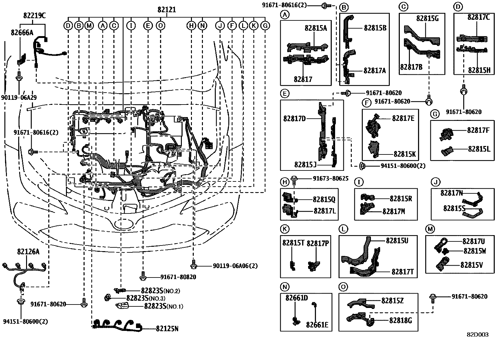 Toyota COROLLA 线束和卡夹 EPC diagram — 82D003