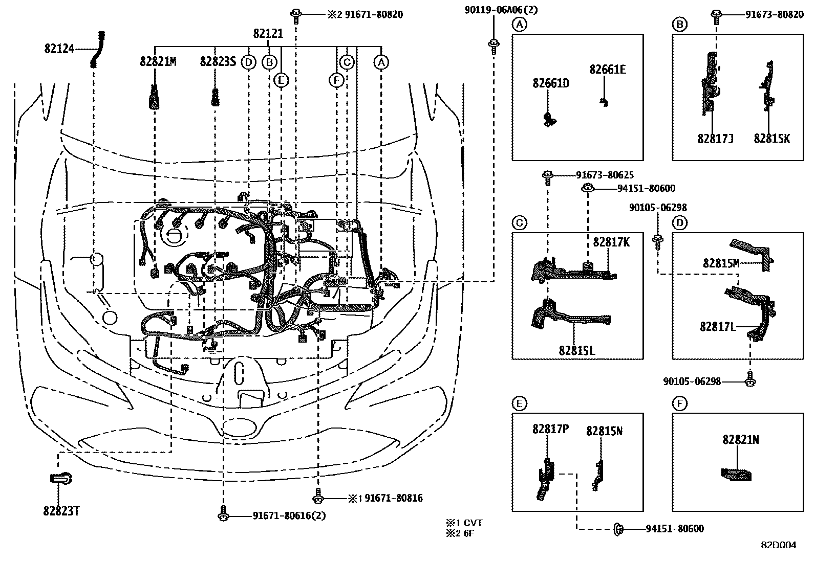 Toyota COROLLA 线束和卡夹 EPC diagram — 82D004