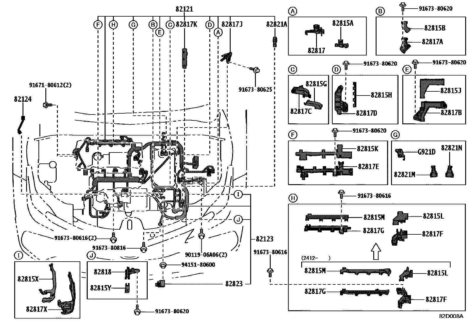 Toyota COROLLA 线束和卡夹 EPC diagram — 82D008A