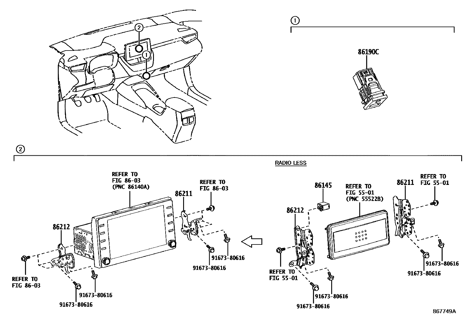 Toyota COROLLA 收音机、放大器和冷凝器 EPC diagram — 867749A