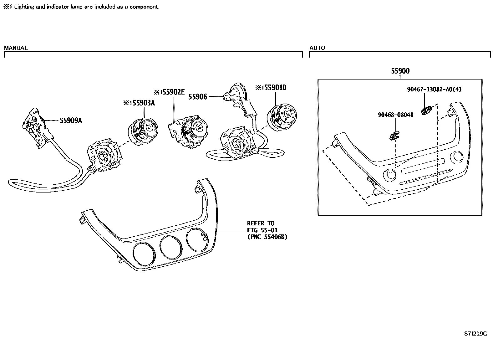 Toyota COROLLA 暖风和空调系统 - 控制器和风管 EPC diagram — 87I219C
