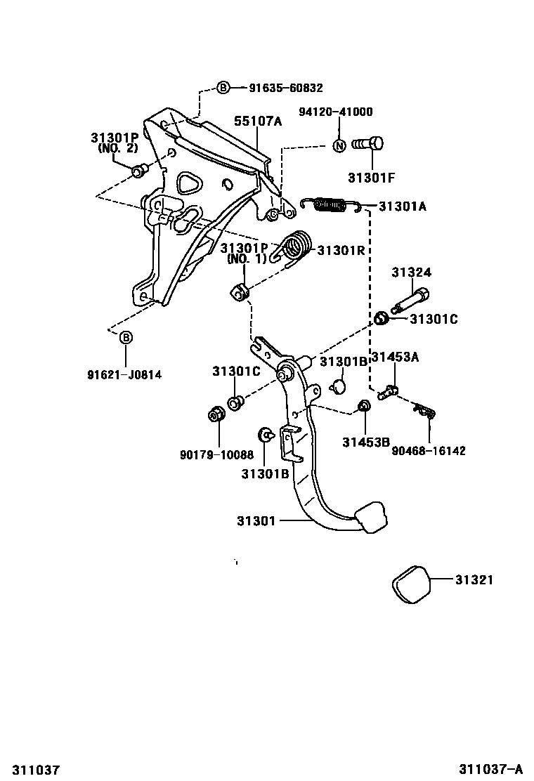 Toyota COROLLA 离合器踏板和挠性软管 EPC diagram — 311037A