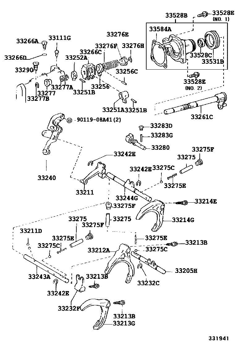 Toyota COROLLA 换档拨叉和换档杆轴(MTM) EPC diagram — 331941A