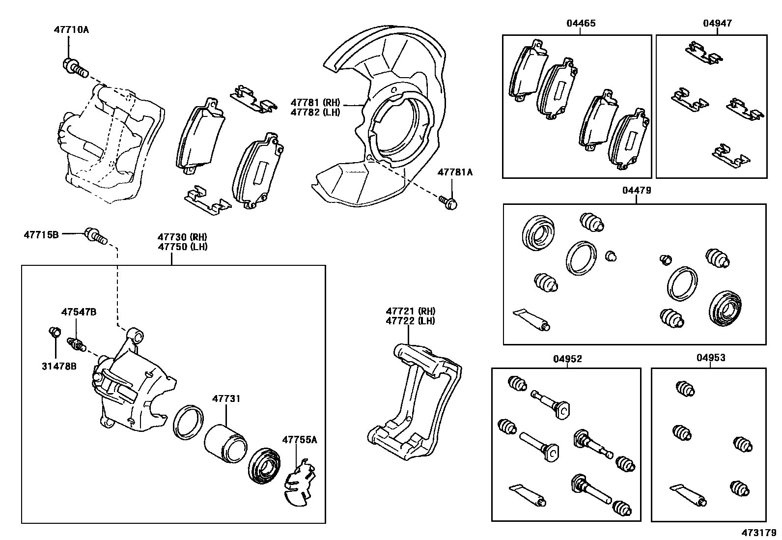 Toyota COROLLA 前盘式制动器卡钳和防尘罩 EPC diagram — 473179