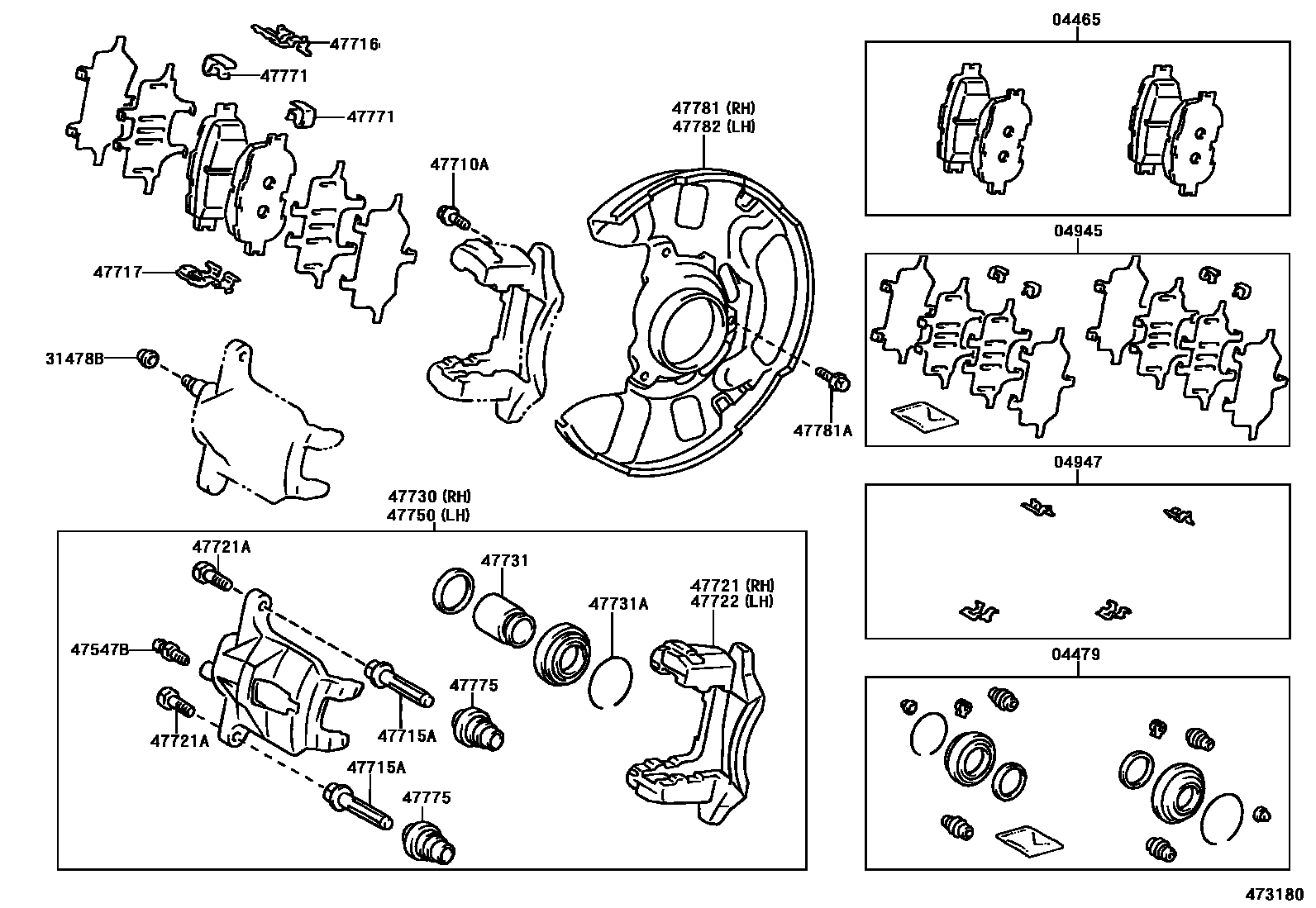 Toyota COROLLA 前盘式制动器卡钳和防尘罩 EPC diagram — 473180