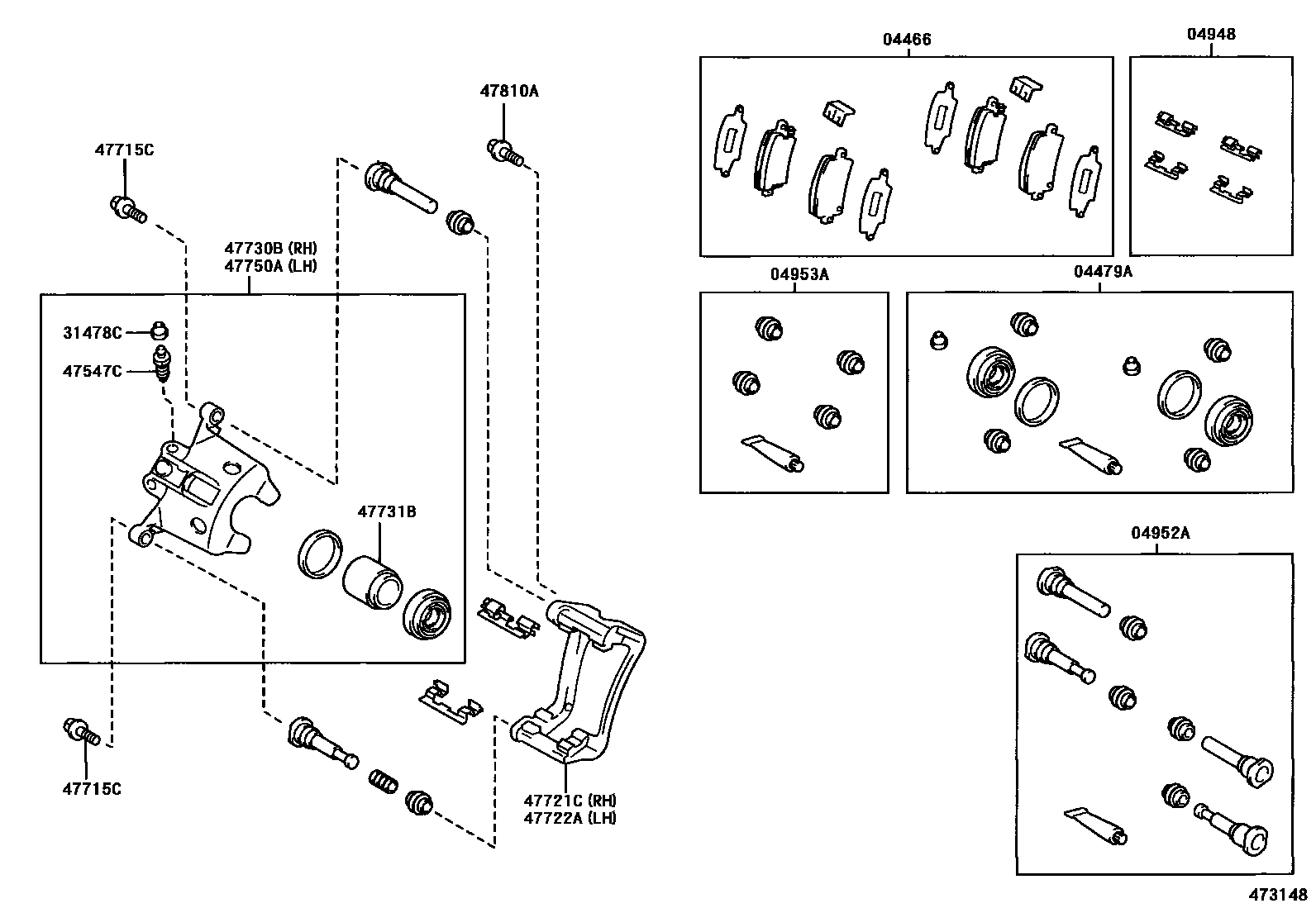 Toyota COROLLA 后盘式制动器卡钳和防尘罩 EPC diagram — 473148