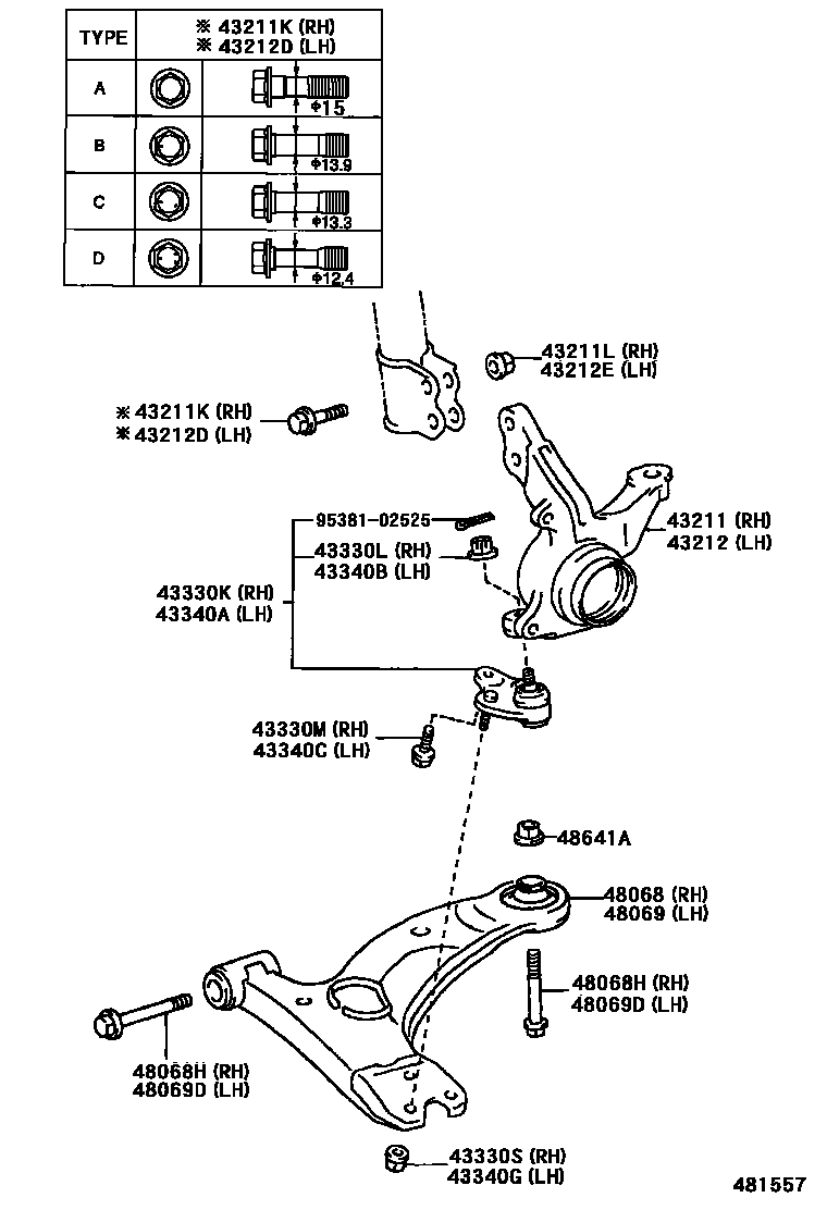 Toyota COROLLA 前桥控制臂和转向节 EPC diagram — 481557