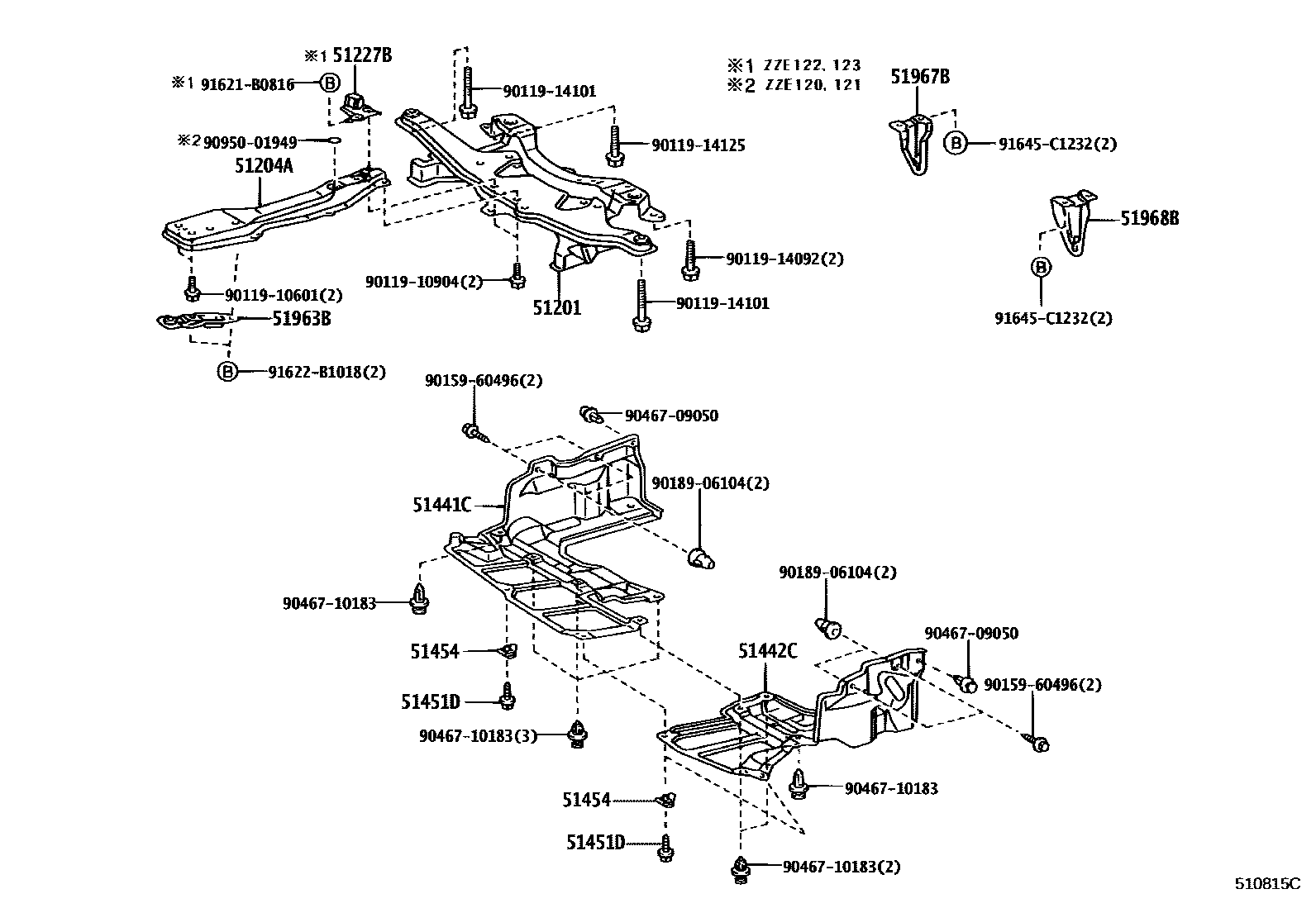 Toyota COROLLA 悬架横梁和发动机底罩 EPC diagram — 510815C