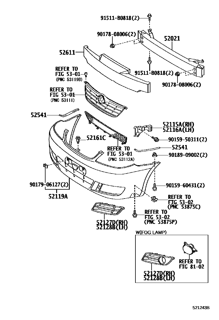 Toyota COROLLA 前保险杠及附件 EPC diagram — 521243B
