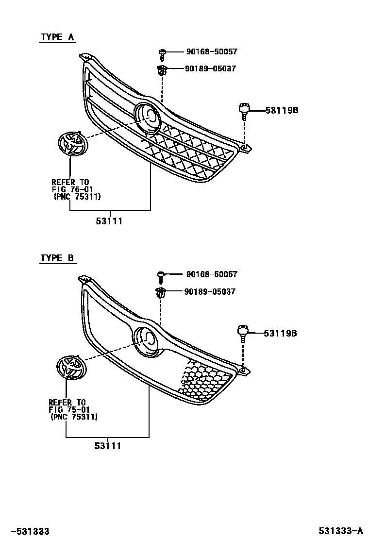 Toyota COROLLA radiator grille EPC diagram — 531333A