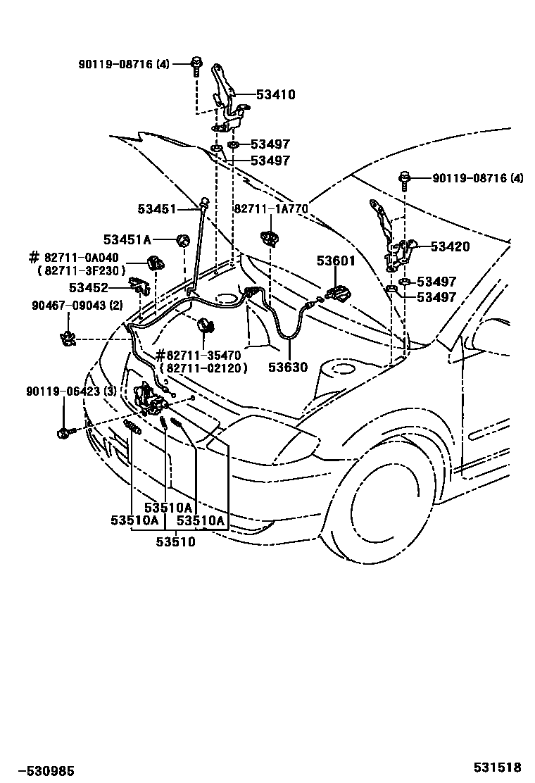 Toyota COROLLA 发动机盖锁和铰链 EPC diagram — 531518