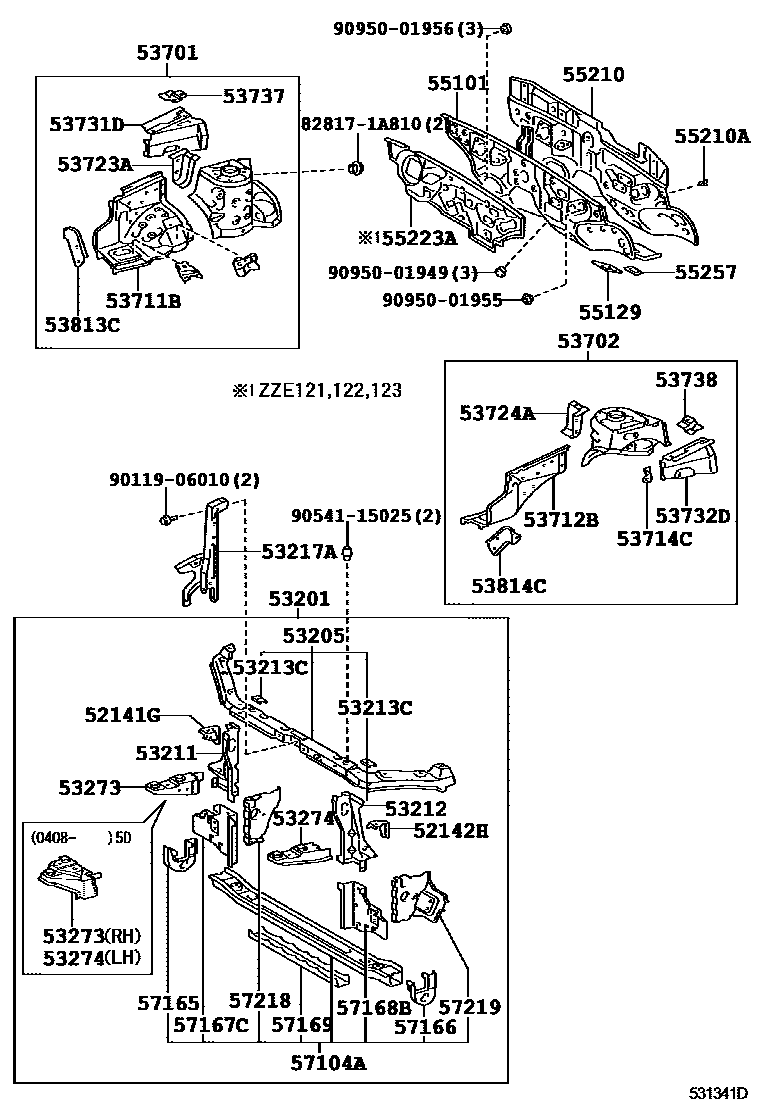 Toyota COROLLA 前翼子板挡泥板和前围板 EPC diagram — 531341D