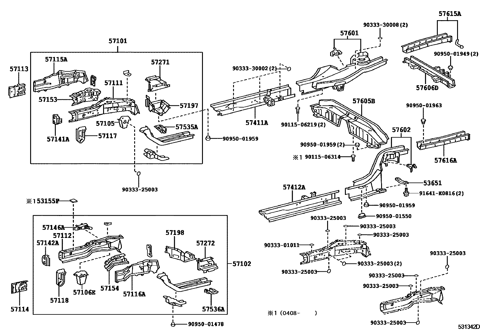 Toyota COROLLA Floor stringers EPC diagram — 531342D