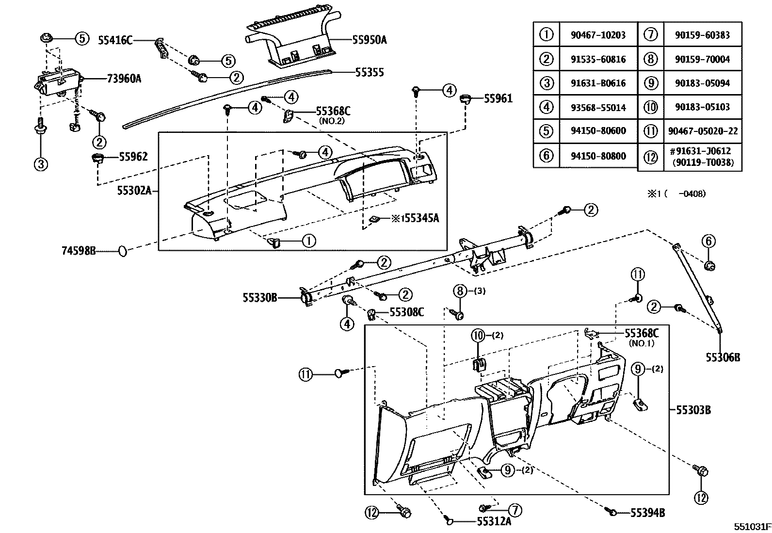 Toyota COROLLA 仪表板和手套箱 EPC diagram — 551031F