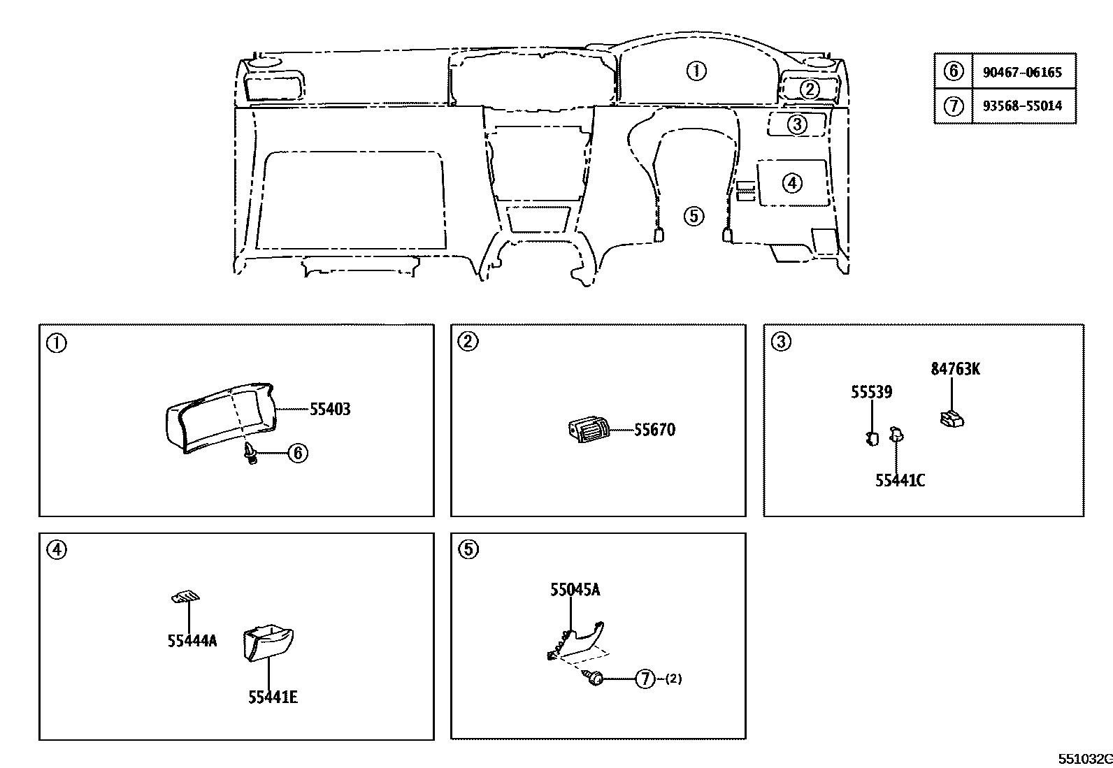 Toyota COROLLA 仪表板和手套箱 EPC diagram — 551032G