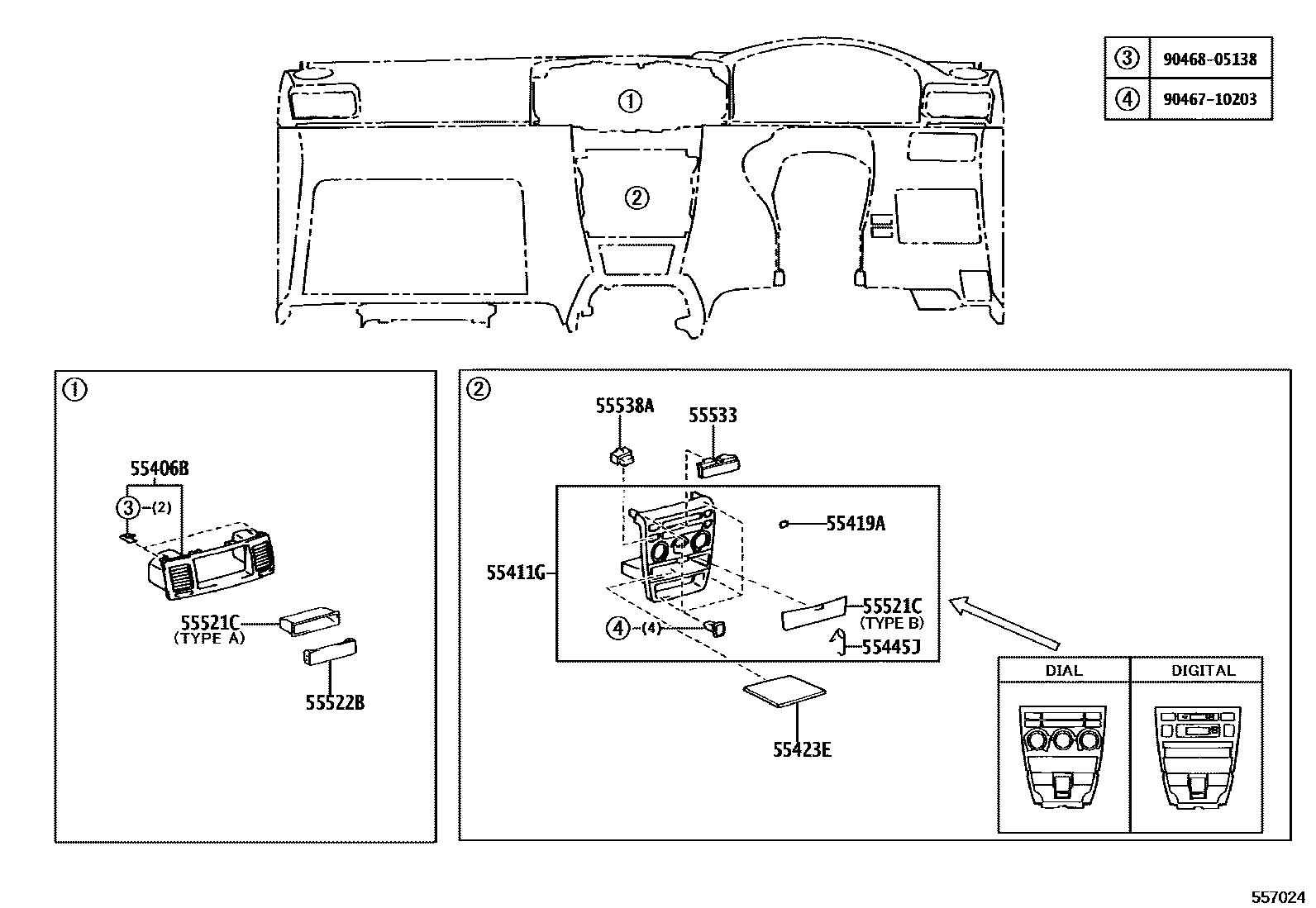 Toyota COROLLA 仪表板和手套箱 EPC diagram — 557024